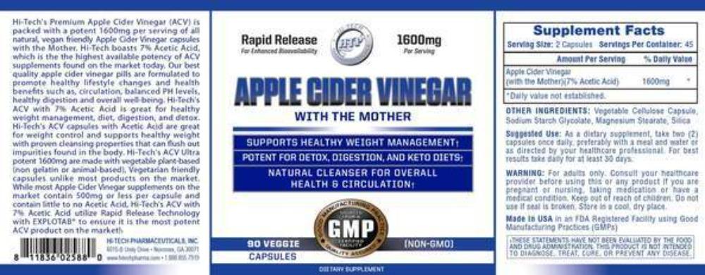 Hi Tech Pharmaceuticals Apple Cider Vinegar 90 Vege Capsules Specialty Health Products Hi-Tech Pharmaceuticals