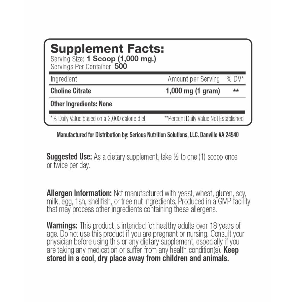 Serious Nutrition Solutions Choline Citrate 500 Grams Cognitive Serious Nutrition Solutions