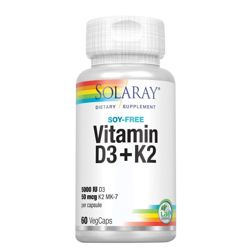 Solaray Vitamin D3 + K2 Soy-Free 60 Capsules Vitamins & Minerals Solaray (4451732750401)