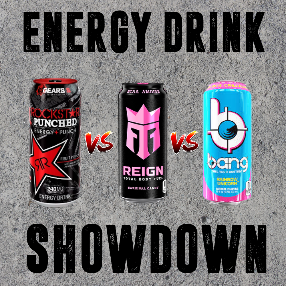 Rockstar Gears 5 vs Monster Reign vs VPX Bang Energy Drinks