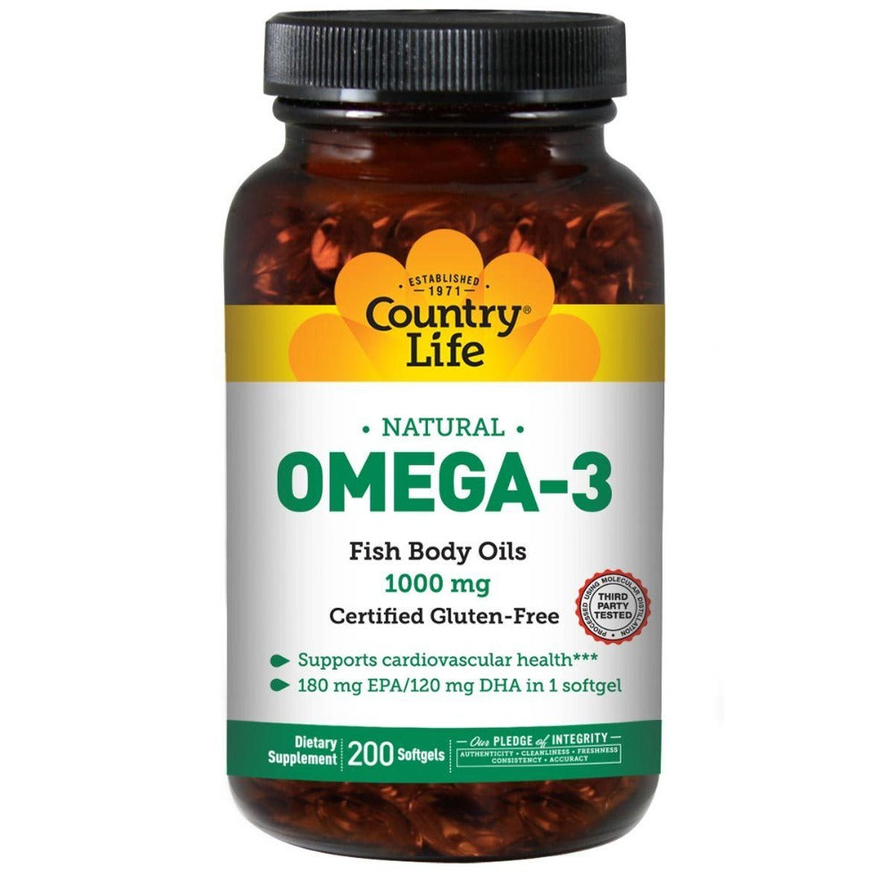 Country Life Omega-3 Fish Oil 1000mg 200 Softgels Omega Fatty Acids / EFAs Country Life  (1058782543915)